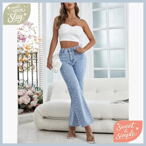 High Waisted Wide Leg Jeans Pearls Beaded Casual Denim Pants Regular Fit - Picture 3 of 7